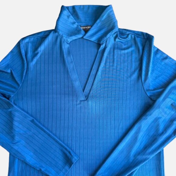 Banana Republic Factory Blue Silky Stretchy Ribbed Polo Collar V-Neck (Size L) - Picture 2 of 6